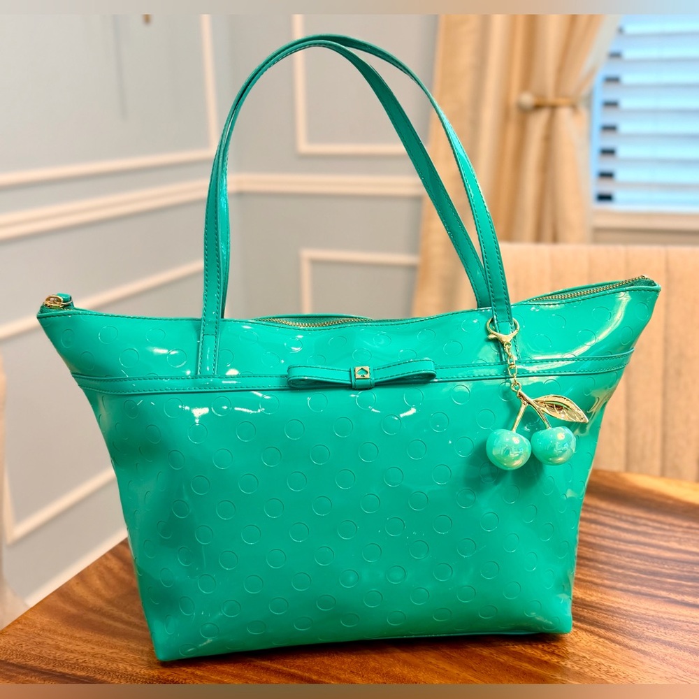Kate Spade Sophie Camellia Street Teal Tote w Gold Hardware & Matching Cherries - Picture 5 of 17